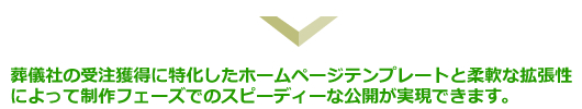 葬儀社の受注獲得に特化したホームページテンプレートと柔軟な拡張性によって制作フェーズでのスピーディな公開が実現できます。